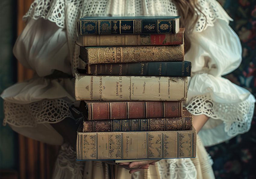 Imatge del esdeveniment:Dona d'època carregant llibres antics